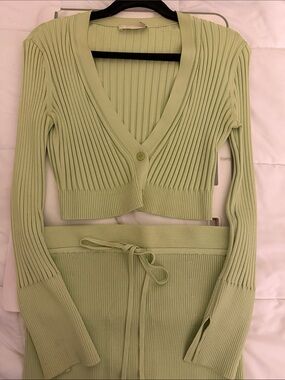 SIMKHAI 3 Piece Knit Crop Cardigan, Bralette & Skirt Set in Light Green